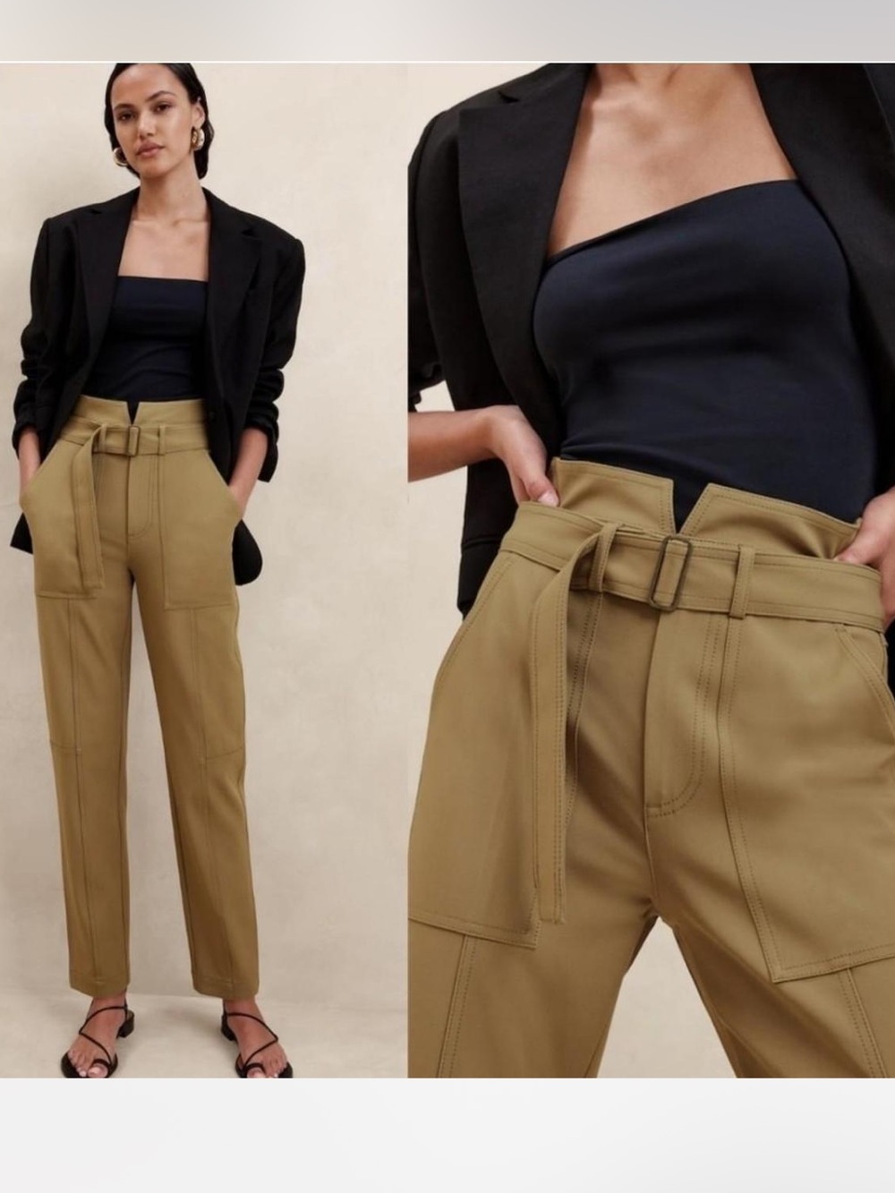 Banana Republic Refined Utility Pants Camel Tan Tie Belt High Rise Tapered Sz. 2